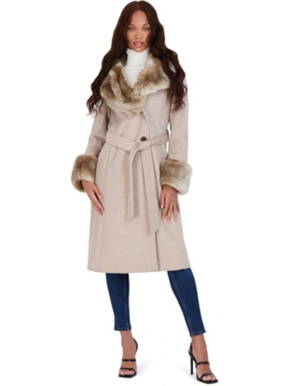Via Spiga Belted Faux Fur Trim Wool Blend Coat Jacket R28